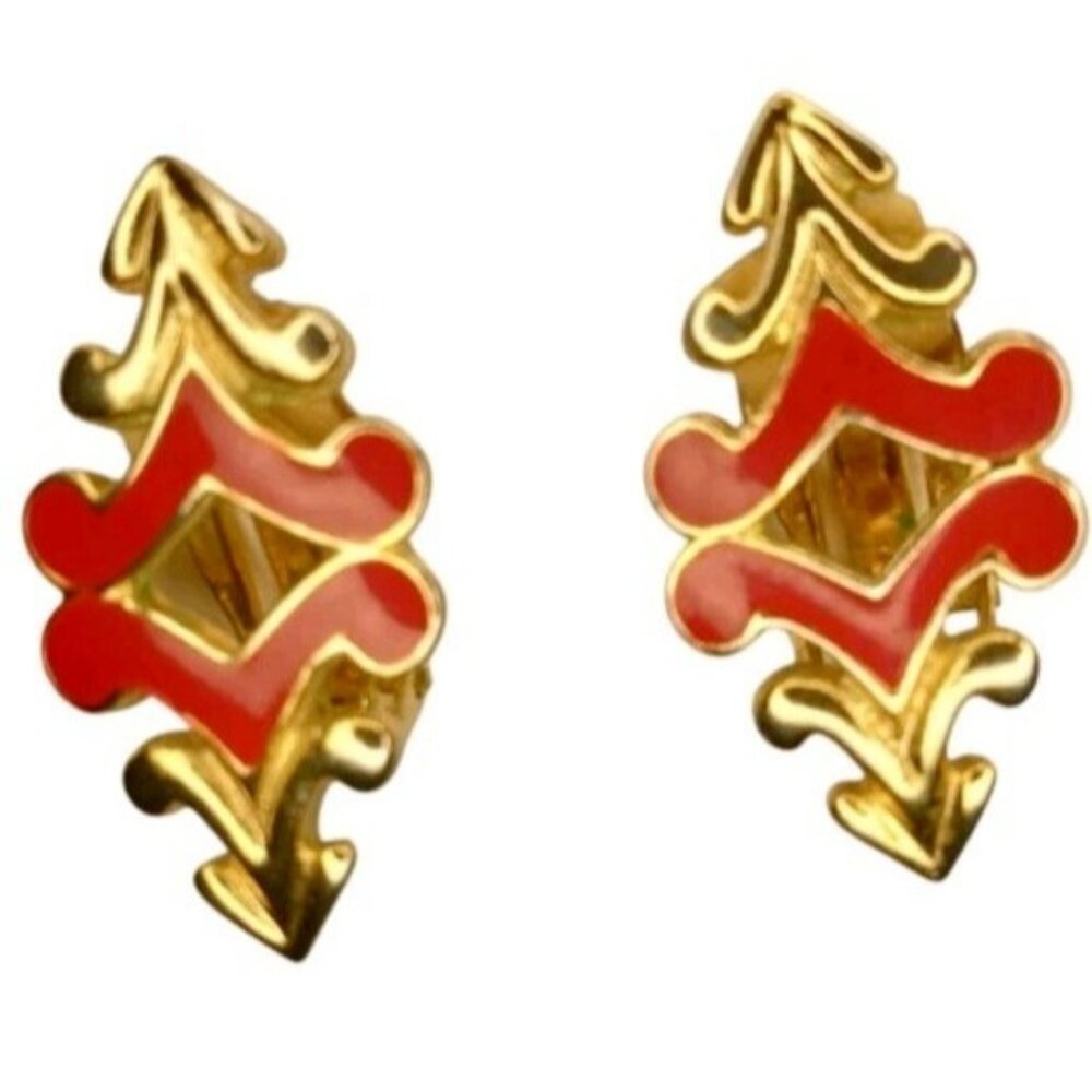 CLASSIC Vintage 1980's Red Vector Clip On Earrings Arrow Hearts Gold Tone Enamel